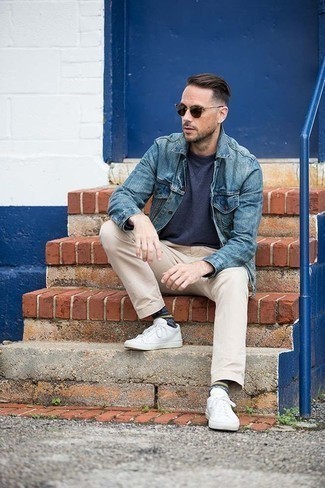 Beige Chinos Summer Outfits: A blue denim jacket and beige chinos are absolute menswear staples that will integrate brilliantly within your current wardrobe. Add a pair of white canvas low top sneakers to the equation to add an element of stylish nonchalance to your ensemble. So if it's a super hot day and you want to look sharp without putting in too much work, this ensemble will do the job in seconds time.