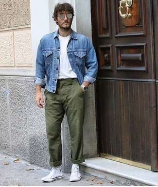 Men's Light Blue Denim Jacket, White Crew-neck T-shirt, Olive Chinos, White Canvas High Top Sneakers
