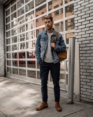 Brown Canvas Backpack Outfits For Men: The versatility of a blue denim jacket and a brown canvas backpack guarantees they'll stay on heavy rotation in your wardrobe. And if you want to easily rev up your look with one single item, why not add a pair of brown suede desert boots to the equation?
