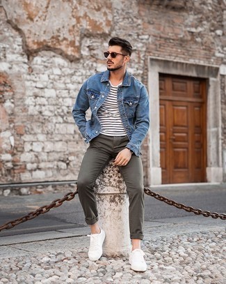 Men's Blue Denim Jacket, White and Black Horizontal Striped Crew-neck T-shirt, Olive Chinos, White Canvas Low Top Sneakers