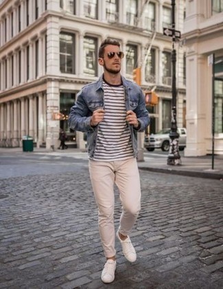 Men's Blue Denim Jacket, White and Black Horizontal Striped Crew-neck T-shirt, Beige Chinos, White Canvas Low Top Sneakers