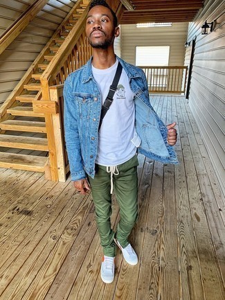 Blue Denim Jacket with Dark Green Pants Summer Outfits For Men In Their 20s  (9 ideas & outfits)