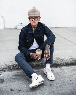 White and Black Athletic Shoes Outfits For Men: A navy denim jacket and navy chinos will introduce serious style into your current casual repertoire. White and black athletic shoes are a fail-safe way to give a hint of stylish nonchalance to this look.