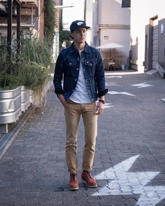 Tobacco Suede Derby Shoes Outfits: For something on the casually edgy end, try this combination of a navy denim jacket and khaki chinos. Go the extra mile and shake up your look by slipping into tobacco suede derby shoes.