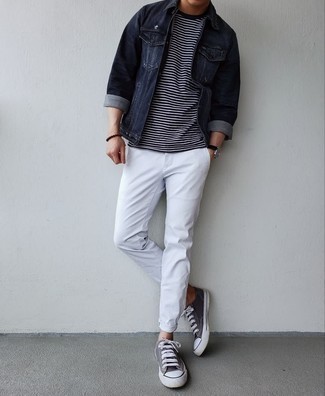 Men's Black Denim Jacket, Black and White Horizontal Striped Crew-neck T-shirt, White Chinos, Charcoal Canvas Low Top Sneakers