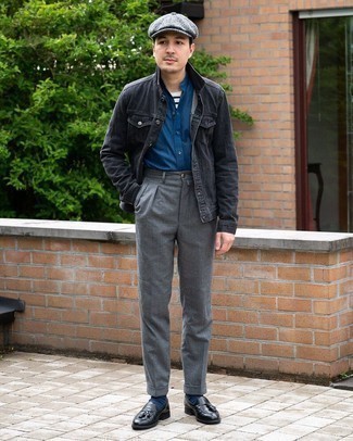 Charcoal Herringbone Flat Cap Outfits For Men: A charcoal denim jacket and a charcoal herringbone flat cap are the kind of a foolproof casual getup that you need when you have zero time to dress up. Introduce a pair of black leather tassel loafers to the mix for an instant style lift.