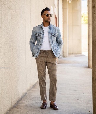 Khaki Check Chinos Outfits: For a casual getup, try pairing a light blue denim jacket with khaki check chinos — these items work perfectly well together. Feeling transgressive? Elevate this outfit by slipping into a pair of dark brown leather tassel loafers.