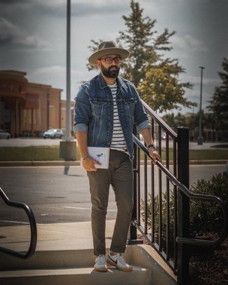 Olive Wool Hat Outfits For Men: This casual combination of a navy denim jacket and an olive wool hat is a surefire option when you need to look stylish but have zero time to spare. Up this whole outfit by rocking a pair of white and navy leather low top sneakers.