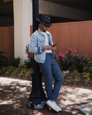 Navy Check Chinos Outfits: If you like a more casual approach to style, why not wear a light blue denim jacket with navy check chinos? As for shoes, introduce white leather low top sneakers to the equation.