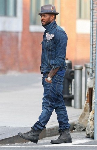 Usher wearing Blue Denim Jacket, Blue Crew-neck T-shirt, Blue Jeans, Grey Suede Casual Boots