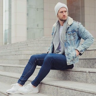 Grey Beanie Outfits For Men: This is solid proof that a light blue denim jacket and a grey beanie look awesome when you pair them up in an edgy outfit. Add white athletic shoes to the mix and you're all done and looking incredible.