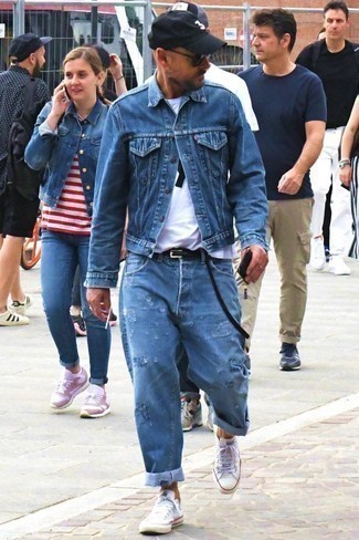 Blue Denim Jacket with Blue Jeans Relaxed Summer Outfits For Men: If you like practical looks, dress in a blue denim jacket and blue jeans. Add a pair of white canvas low top sneakers to the mix and ta-da: your ensemble is complete. You'll always look great even despite the oppressive heat if you keep this ensemble as your go-to formula.