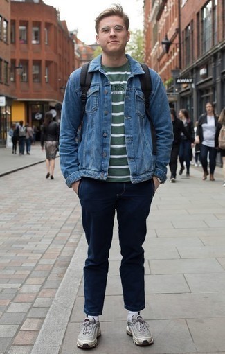 Blue Denim Jacket Outfits For Men: Opt for a blue denim jacket and navy jeans for relaxed dressing with a contemporary spin. Take your look a more laid-back path by finishing with grey athletic shoes.