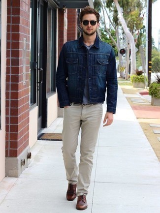 Khaki Jeans Outfits For Men: For a relaxed casual outfit, consider pairing a navy denim jacket with khaki jeans — these two items go pretty good together. Change up your look with a more refined kind of shoes, like this pair of brown leather derby shoes.