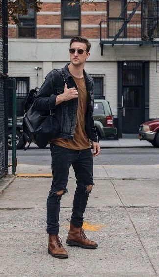 Grey Denim Jacket Outfits For Men: Showcase that you do casual like a pro in a grey denim jacket and charcoal ripped jeans. Go ahead and complete this getup with brown leather casual boots for a hint of class.
