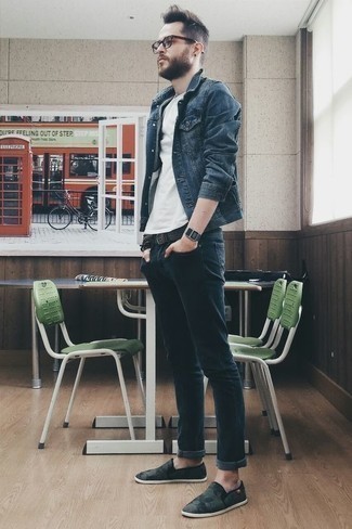 Charcoal Canvas Slip-on Sneakers Outfits For Men: Opt for a navy denim jacket and navy jeans to achieve an everyday look that's full of charm and personality. Complement your outfit with charcoal canvas slip-on sneakers and the whole getup will come together.