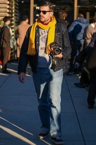 Mustard Scarf Outfits For Men: For an ensemble that's very simple but can be styled in a ton of different ways, opt for a black denim jacket and a mustard scarf. Balance out your ensemble with a more refined kind of footwear, such as this pair of black and white canvas low top sneakers.