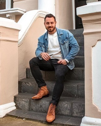 Dark Brown Suede Casual Boots Outfits For Men: This combo of a blue denim jacket and black jeans is definitive proof that a straightforward casual outfit can still look really interesting. For a sleeker take, choose a pair of dark brown suede casual boots.