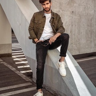 Men's Olive Denim Jacket, White and Black Print Crew-neck T-shirt, Black Ripped Jeans, White Leather Low Top Sneakers