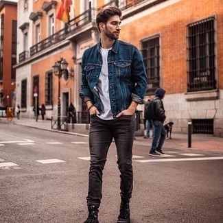 Charcoal Jeans Outfits For Men: Want to inject your closet with some elegant cool? Wear a navy denim jacket with charcoal jeans. You can follow a more casual route with shoes by sporting a pair of black suede work boots.
