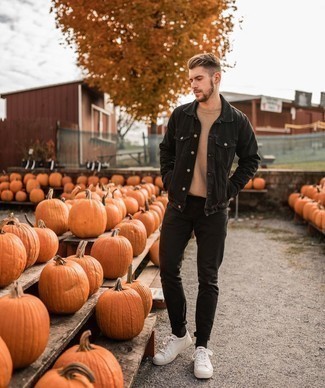 Black Jeans with Denim Jacket Outfits For Men: Combining a denim jacket with black jeans is a good choice for a laid-back outfit. White leather low top sneakers integrate seamlessly within a multitude of ensembles.