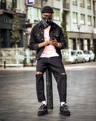 Black and White Bandana Outfits For Men: You're looking at the indisputable proof that a black denim jacket and a black and white bandana look awesome when worn together in a street style look. Complete this look with black athletic shoes to pull your full look together.