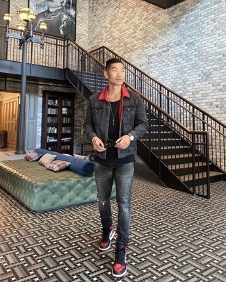 Red Leather High Top Sneakers Outfits For Men: A charcoal denim jacket and charcoal ripped jeans are perfect as an ensemble for off-duty days. Let your styling savvy truly shine by complementing your look with red leather high top sneakers.