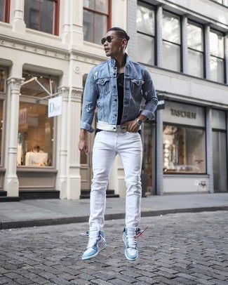 Light Blue Leather High Top Sneakers Outfits For Men: For practicality without the need to sacrifice on good style, we like this combo of a light blue denim jacket and white jeans. For something more on the casually edgy end to finish off your getup, throw light blue leather high top sneakers into the mix.