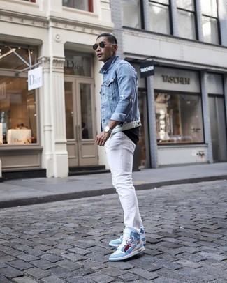 White Jeans Outfits For Men: If the setting allows off-duty styling, make a light blue denim jacket and white jeans your outfit choice. Power up this look with a pair of light blue leather high top sneakers.