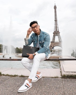 White Jeans Outfits For Men: A light blue denim jacket and white jeans are the perfect way to introduce understated dapperness into your current casual routine. Complement this outfit with a pair of white print canvas low top sneakers and ta-da: the getup is complete.