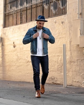Navy Wool Hat Outfits For Men: If you're on a mission for a street style yet dapper outfit, reach for a blue denim jacket and a navy wool hat. Complete your ensemble with a pair of tobacco leather casual boots to spice things up.