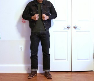 Black Jeans with Denim Jacket Outfits For Men: This combination of a denim jacket and black jeans is great for most casual settings. To add some extra flair to this ensemble, introduce a pair of dark brown leather casual boots to the equation.