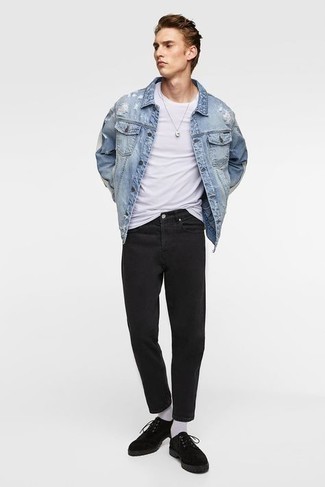Black Jeans with Denim Jacket Outfits For Men: To don a relaxed getup with a twist, you can go for a denim jacket and black jeans. On the fence about how to round off this getup? Rock black suede derby shoes to boost the fashion factor.