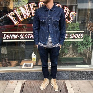 Navy Denim Jacket Outfits For Men: A navy denim jacket and navy jeans will convey this relaxed and dapper vibe. If you wish to easily up this look with a pair of shoes, why not introduce beige suede casual boots to the equation?