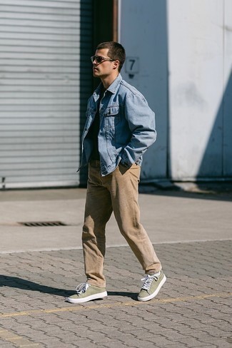 Olive Canvas Low Top Sneakers Outfits For Men: Wear a light blue denim jacket and khaki corduroy jeans to achieve an interesting and modern-looking off-duty outfit. A pair of olive canvas low top sneakers is a foolproof footwear option that's full of personality.