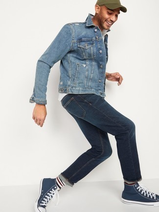 Men's Blue Denim Jacket, White Crew-neck T-shirt, Navy Jeans, Navy and White Canvas High Top Sneakers