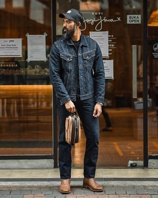 Brown Leather Chelsea Boots Outfits For Men: This combination of a navy denim jacket and navy jeans is irrefutable proof that a simple casual outfit can still be really interesting. A pair of brown leather chelsea boots instantly kicks up the style factor of your look.