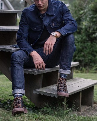 Black Leather High Top Sneakers Outfits For Men: This combination of a navy denim jacket and navy jeans is on the casual side yet it's also stylish and truly stylish. Shake up this outfit with more relaxed shoes, like these black leather high top sneakers.