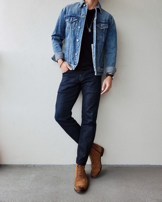 Blue Denim Jacket Outfits For Men: To put together a casual getup with a modern spin, choose a blue denim jacket and navy jeans. Why not finish off with a pair of brown suede casual boots for an added touch of style?