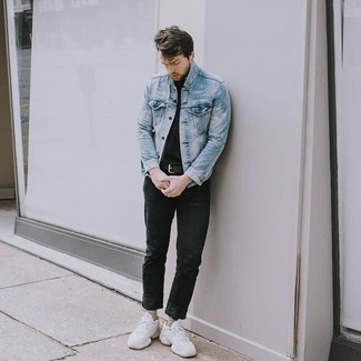 Light Blue Denim Jacket Outfits For Men: For something on the relaxed side, test drive this combination of a light blue denim jacket and black jeans. White athletic shoes are a guaranteed way to add a touch of stylish casualness to this look.