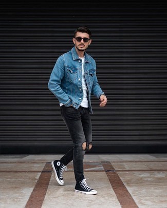 Black High Top Sneakers Outfits For Men: A blue denim jacket and charcoal ripped jeans are must-have staples if you're crafting an off-duty closet that matches up to the highest style standards. As for footwear, add a pair of black high top sneakers to this look.