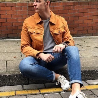 Men's Tobacco Denim Jacket, Grey Crew-neck T-shirt, Blue Jeans, White and Black Canvas Low Top Sneakers