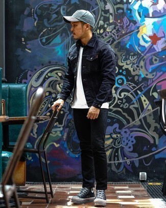 Light Blue Baseball Cap Outfits For Men: This combo of a navy denim jacket and a light blue baseball cap will be a good manifestation of your prowess in menswear styling even on off-duty days. Black and white canvas high top sneakers are a guaranteed way to give an extra dose of style to this look.