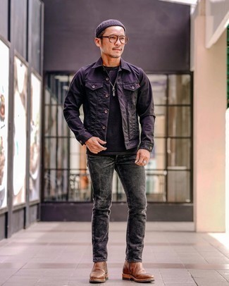Brown Leather Chelsea Boots Outfits For Men: This pairing of a violet denim jacket and charcoal jeans is the perfect balance between fun and stylish. For something more on the sophisticated end to complement your look, grab a pair of brown leather chelsea boots.