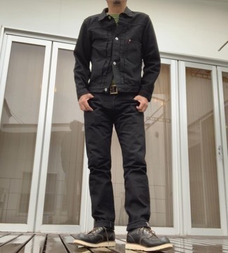 Men's Black Denim Jacket, Olive Crew-neck T-shirt, Black Jeans, Black Leather Casual Boots