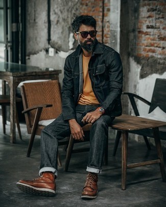 Black Pants with Brown Shoes Outfits For Men: For comfort dressing with a modern take, pair a black denim jacket with black pants. Put a more sophisticated spin on your getup by finishing off with a pair of brown leather casual boots.