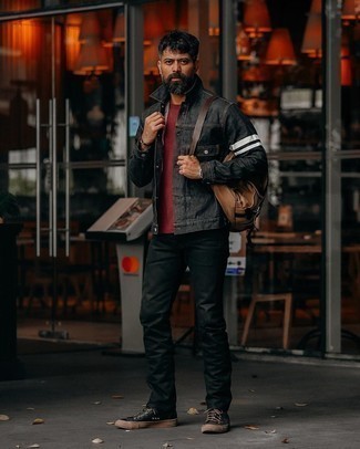 Tan Canvas Backpack Outfits For Men: To pull together a relaxed casual ensemble with a modern take, reach for a charcoal denim jacket and a tan canvas backpack. A pair of black leather high top sneakers easily bumps up the classy factor of any ensemble.