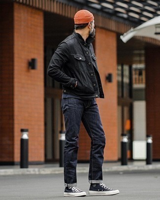 Black High Top Sneakers Outfits For Men: A black denim jacket and navy jeans are a nice outfit to add to your casual rotation. Black high top sneakers are a guaranteed way to add a touch of stylish effortlessness to this ensemble.
