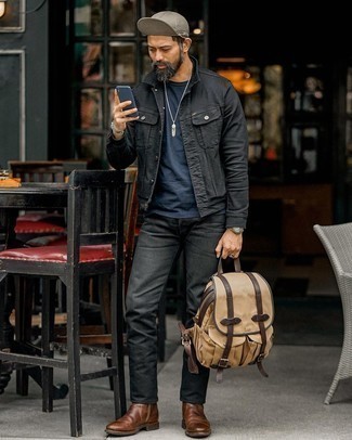 1200+ Fall Outfits For Men After 40: This pairing of a black denim jacket and black jeans is clean, seriously stylish and super easy to recreate. Complement this ensemble with dark brown leather chelsea boots to avoid looking too casual. Seeing as the weather is getting chillier with each day, this outfit appears a viable choice for the season. This getup is a clear example guys in their forties can very well kill in the fashion department.