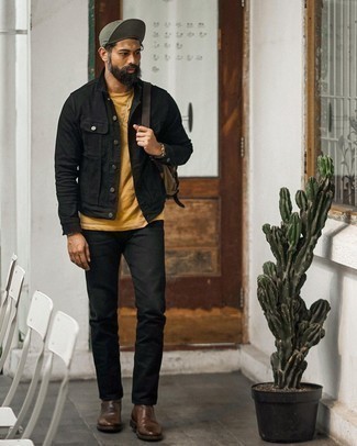 1200+ Fall Outfits For Men After 40: Showcase your expertise in menswear styling by marrying a black denim jacket and black jeans for a casual outfit. On the fence about how to round off your outfit? Rock dark brown leather chelsea boots to polish it off. If you're already bored of your transitional season fashion options, this ensemble just might be the inspiration you are looking for. So if you're searching for style ideas on how to dress well into your 40s, this getup is perfect.
